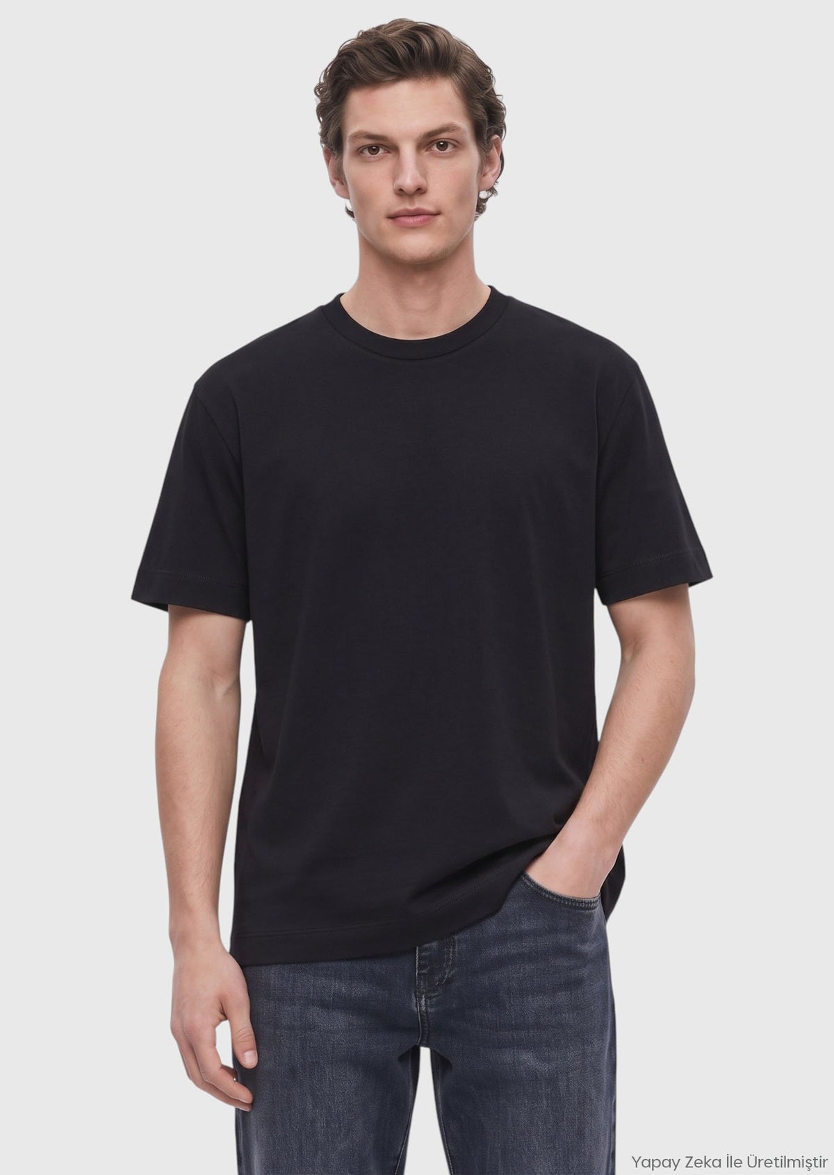 Siyah Düz İpek Karışımlı T-Shirt