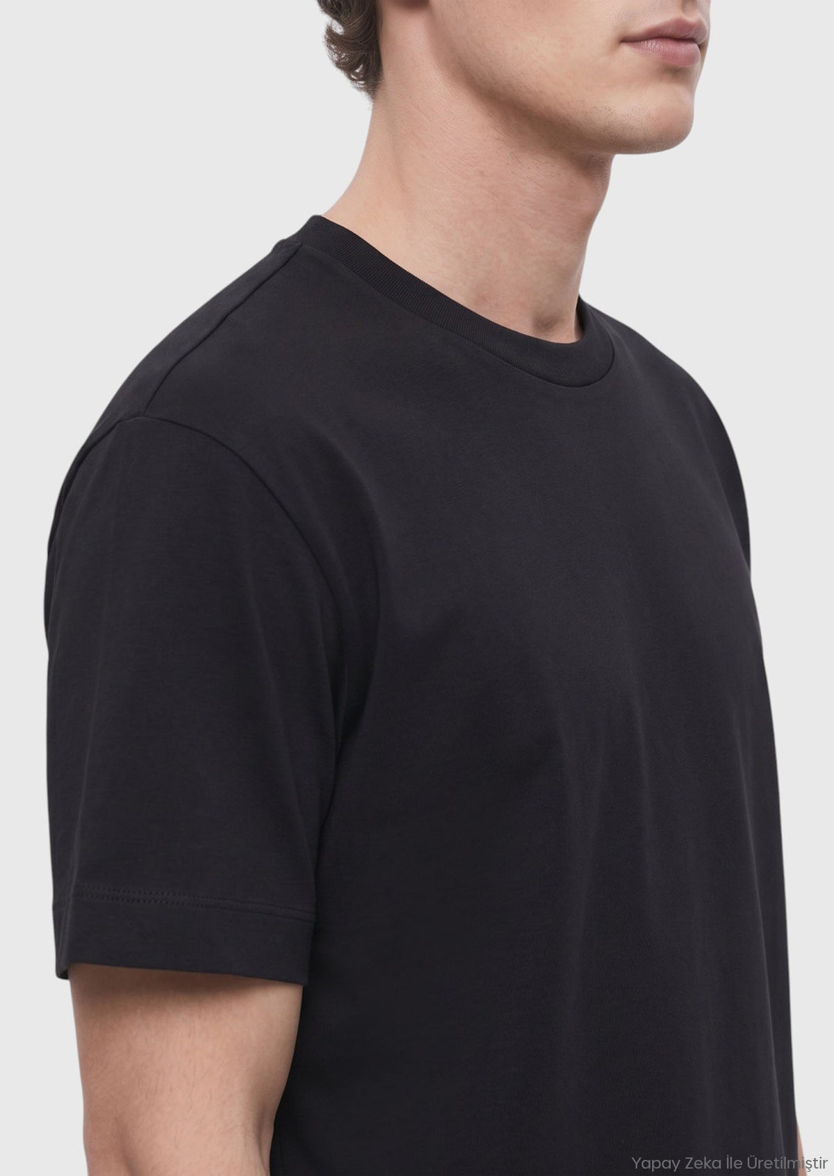 Siyah Düz İpek Karışımlı T-Shirt