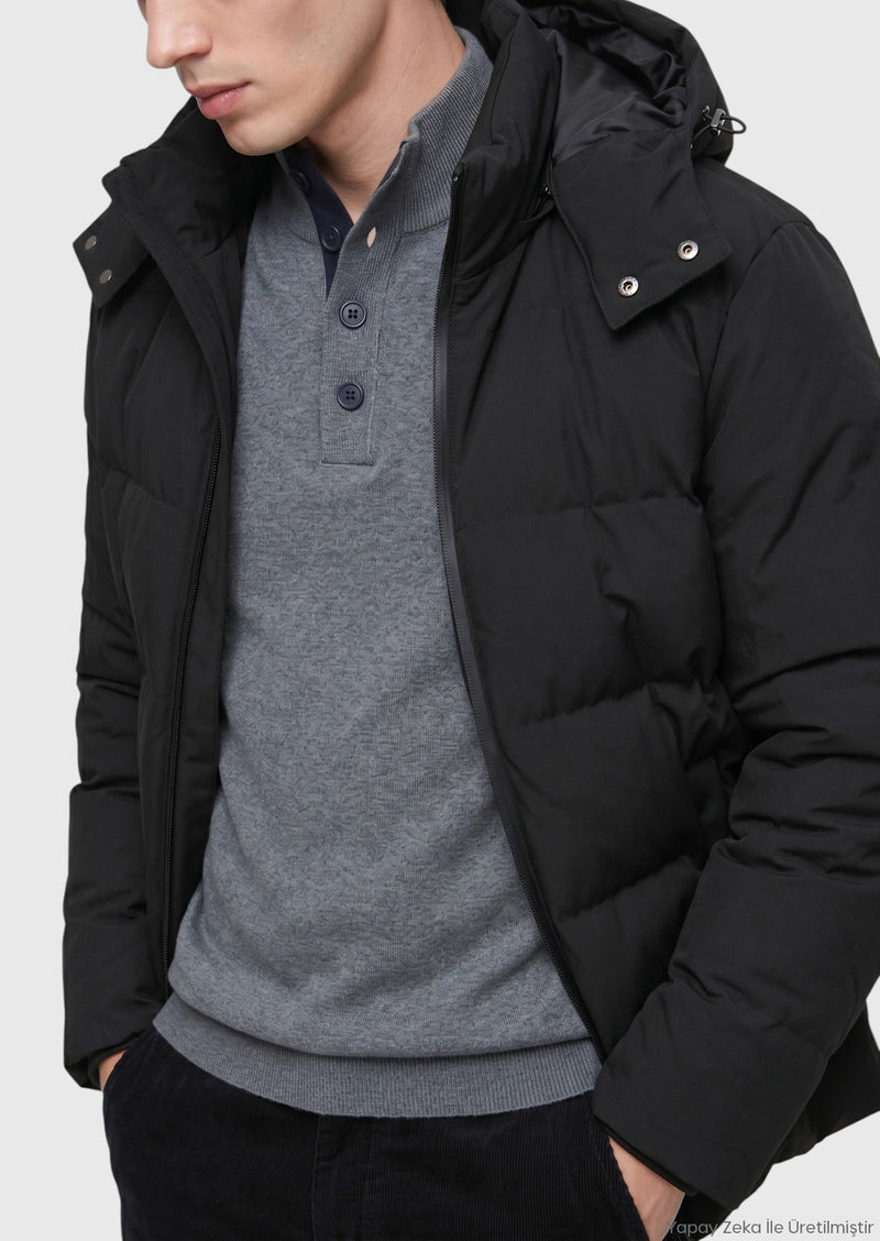 Antrasit Regular Fit Kapüşonlu Casual Dokuma Mont