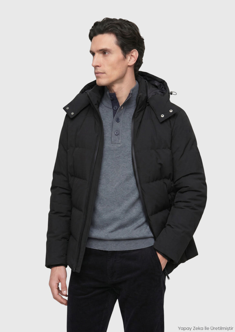Antrasit Regular Fit Kapüşonlu Casual Dokuma Mont