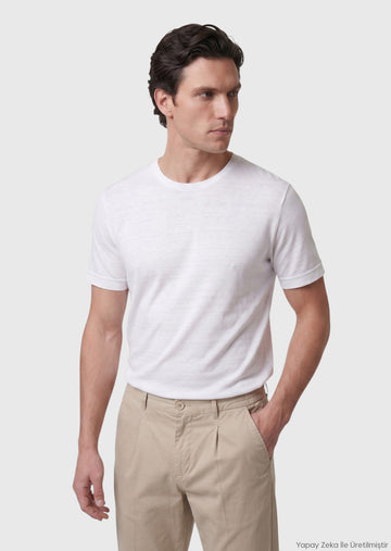 Beyaz Düz %100 Keten T-Shirt