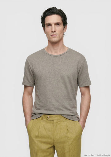 Vizon Düz %100 Keten T-Shirt