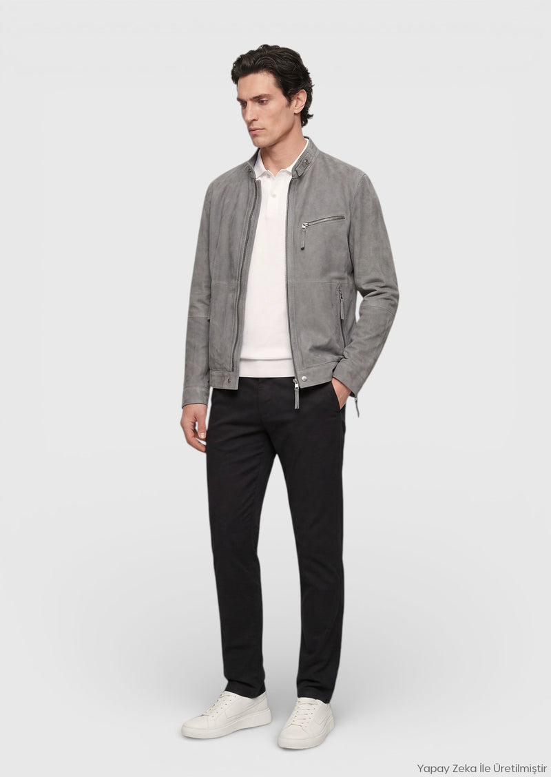 Koyu Gri Regular Fit Dik Yaka Casual Süet Deri Mont