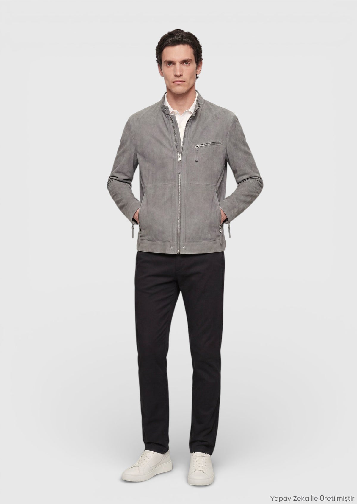 Koyu Gri Regular Fit Dik Yaka Casual Süet Deri Mont