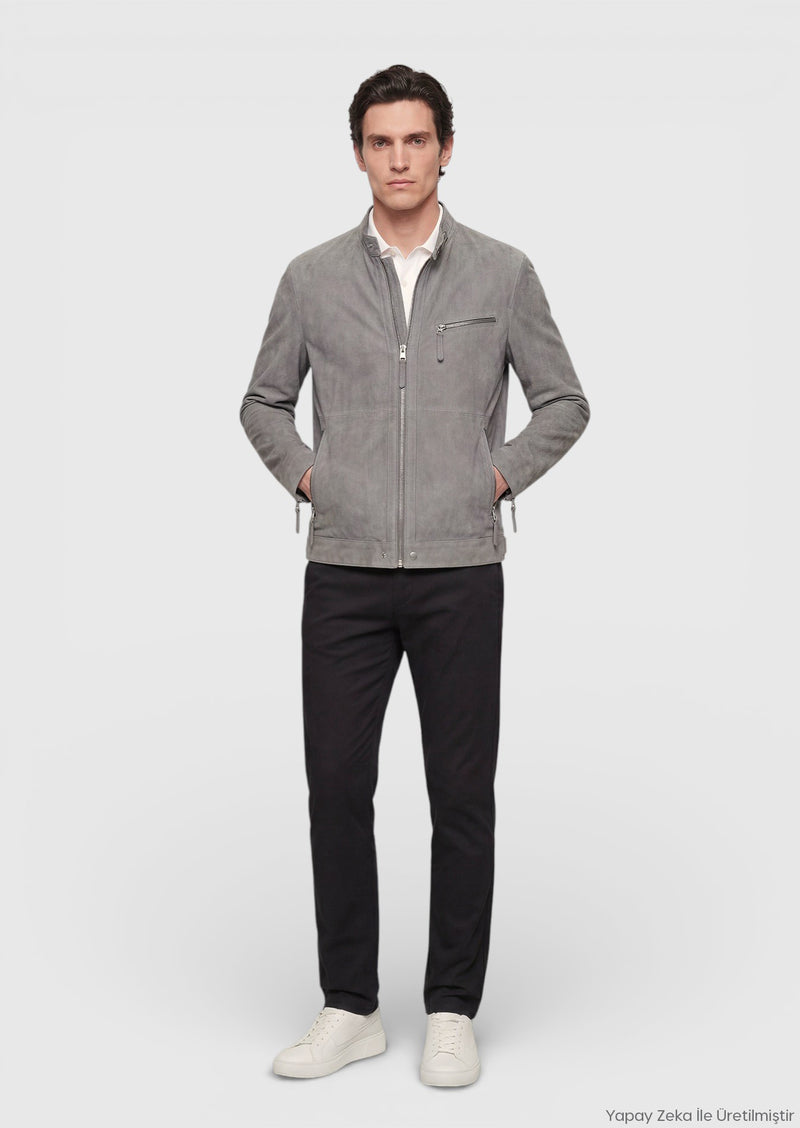 Koyu Gri Regular Fit Dik Yaka Casual Süet Deri Mont