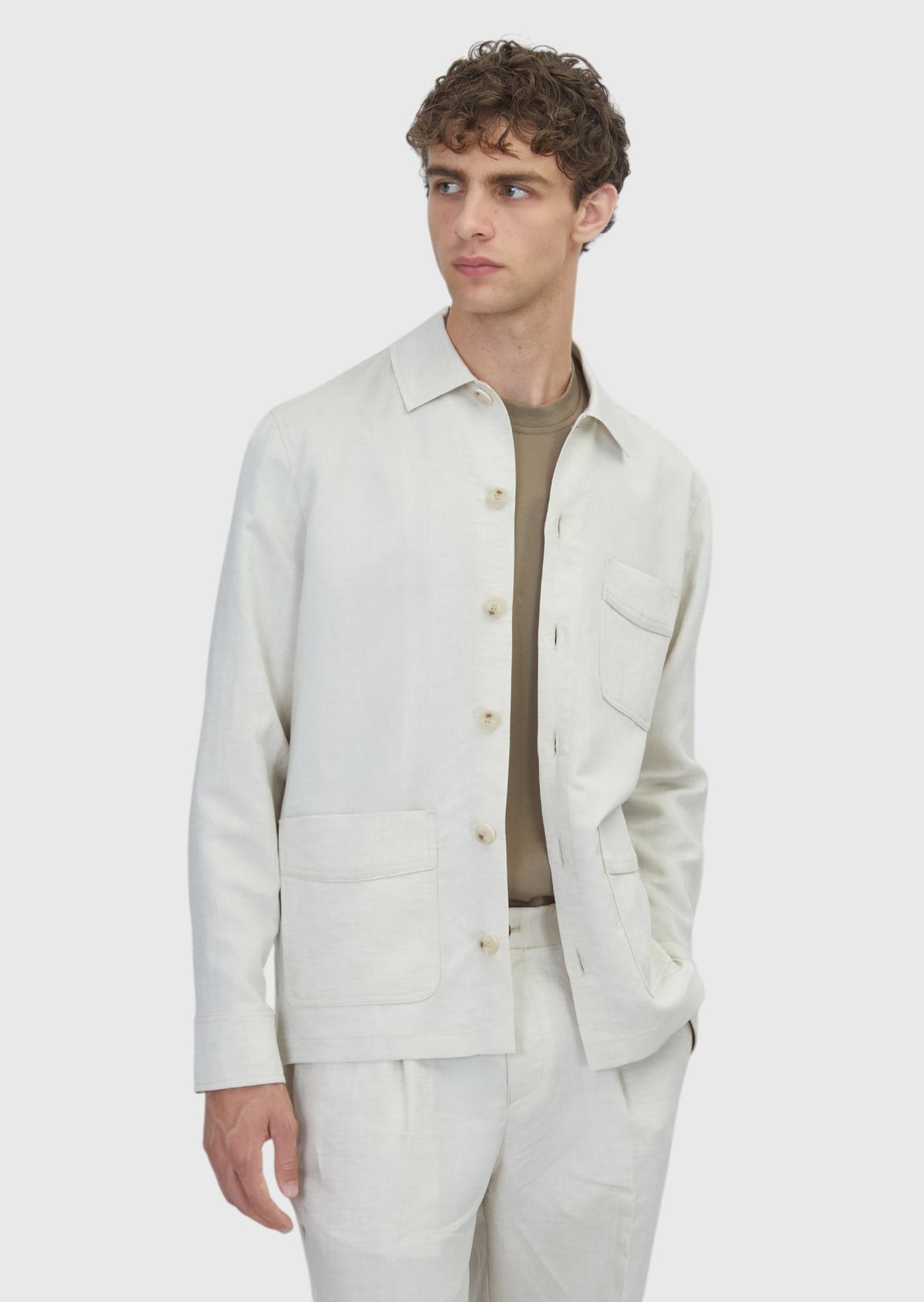 Bej Düz Casual Fit Uzun Dokuma Keten Karışımlı Overshirt
