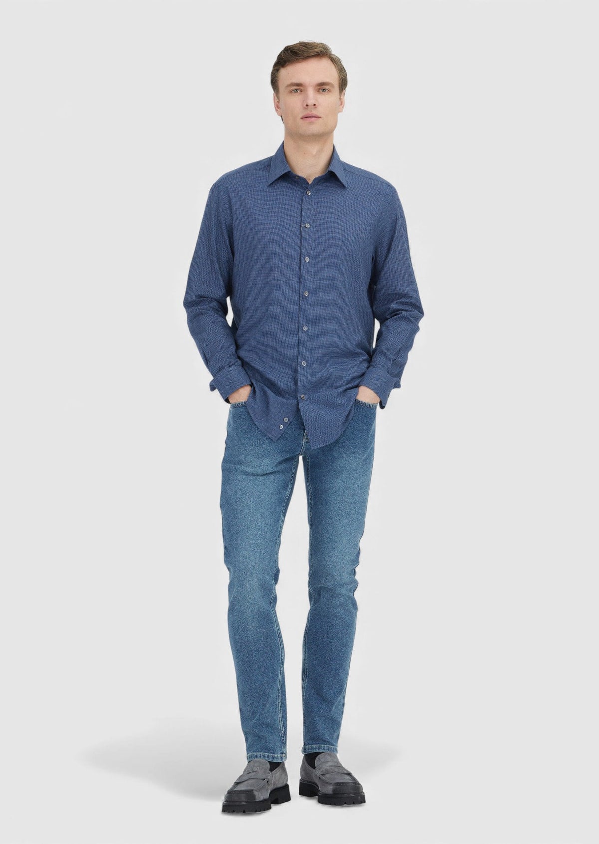 İndigo Casual Fit Uzun Dokuma Casual %100 Pamuk Gömlek