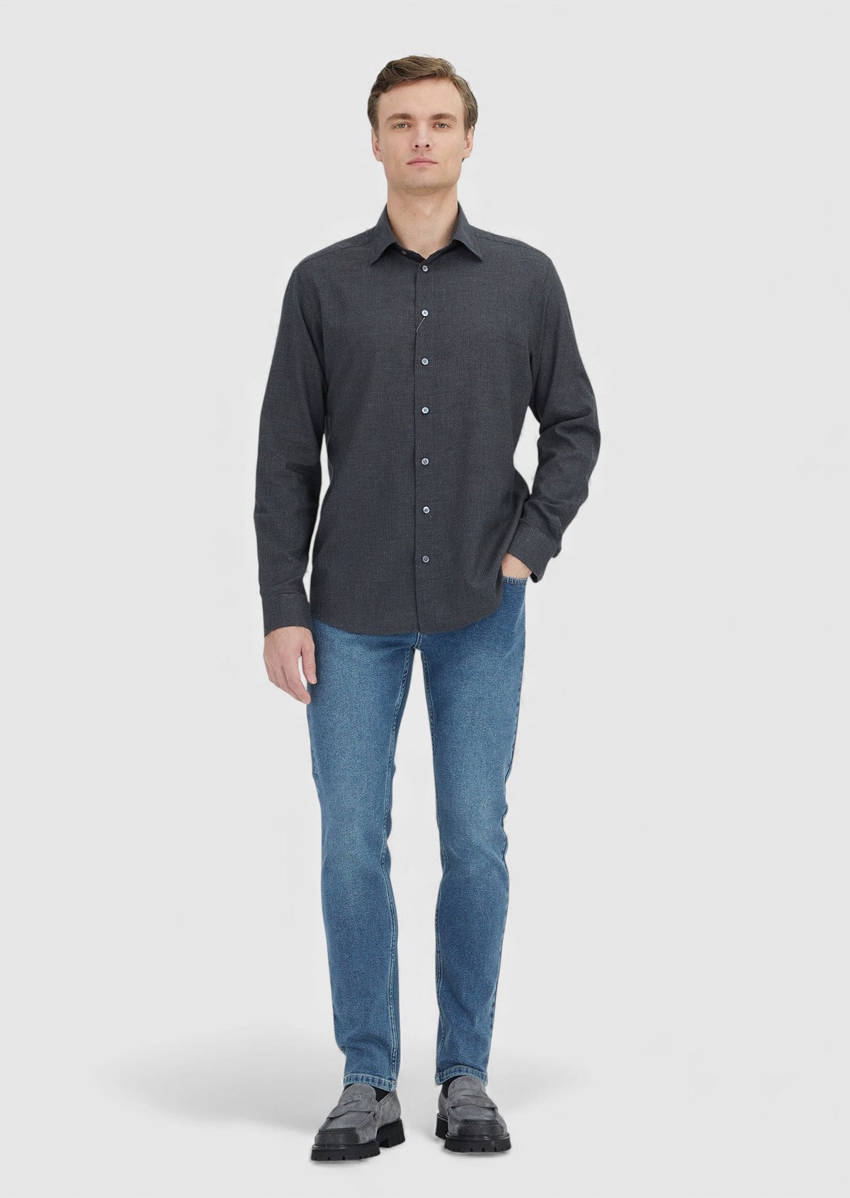 Antrasit Casual Fit Uzun Dokuma Casual %100 Pamuk Gömlek