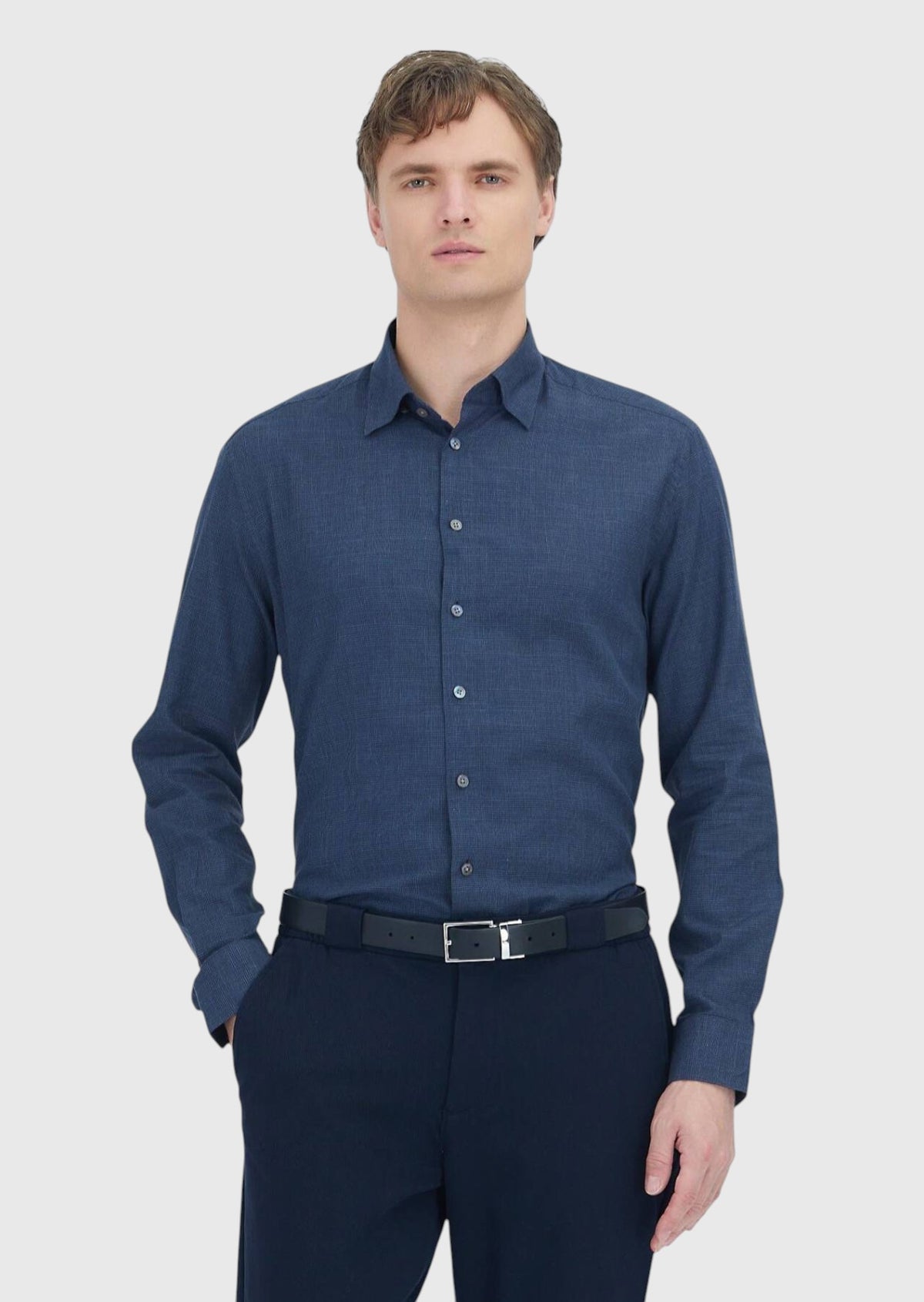 Light Navy Blue Checkered Casual Fit Long Weaving Casual 100% Cotton Shirt