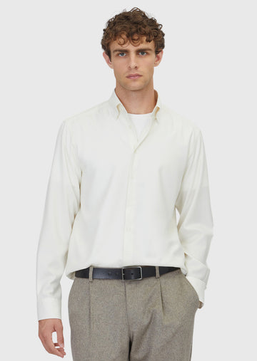 Ekru Düz Casual Fit Uzun Dokuma Casual İpek Karışımlı Gömlek
