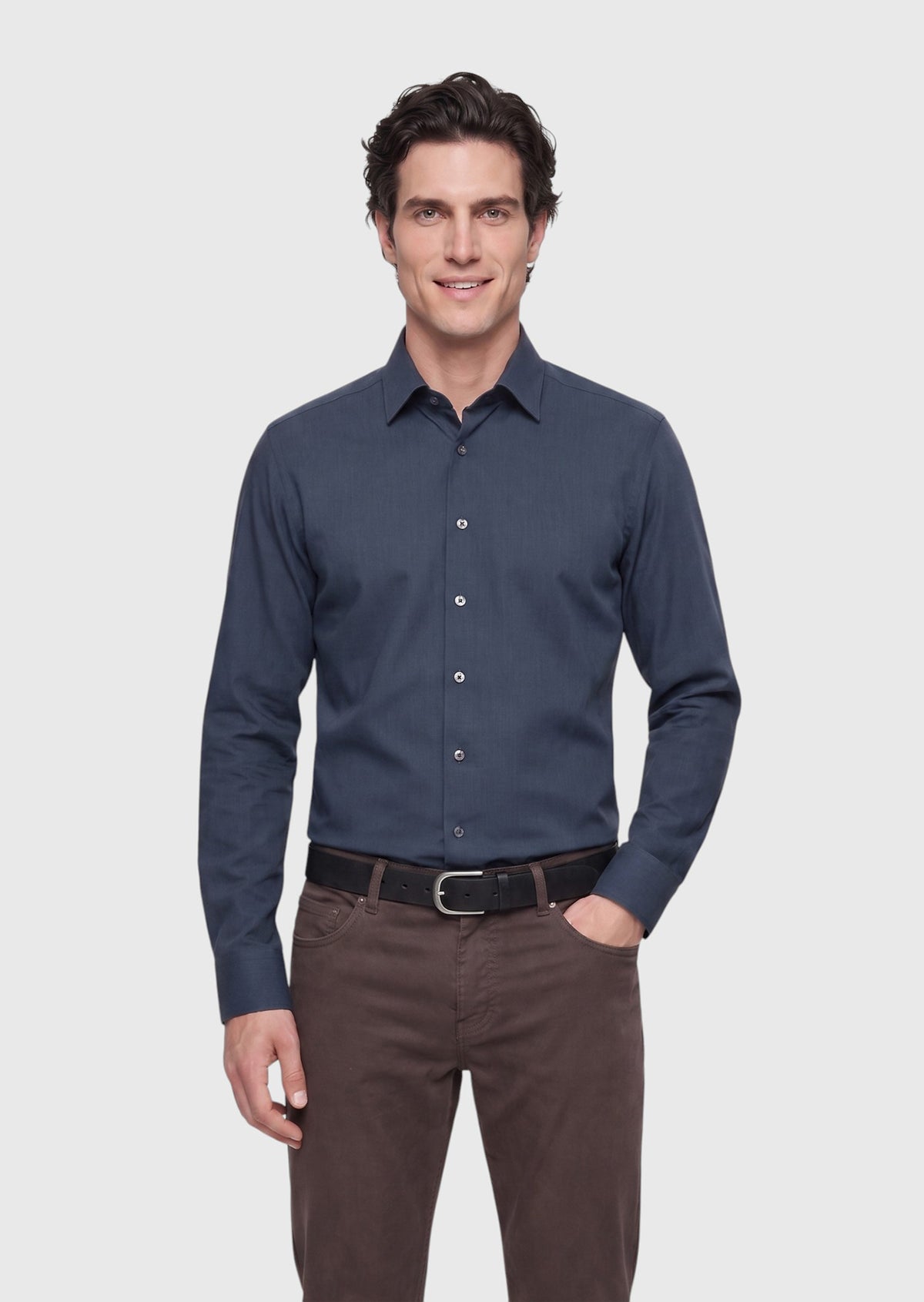 Antrasit Düz Casual Fit Uzun Dokuma Casual İpek Karışımlı Gömlek