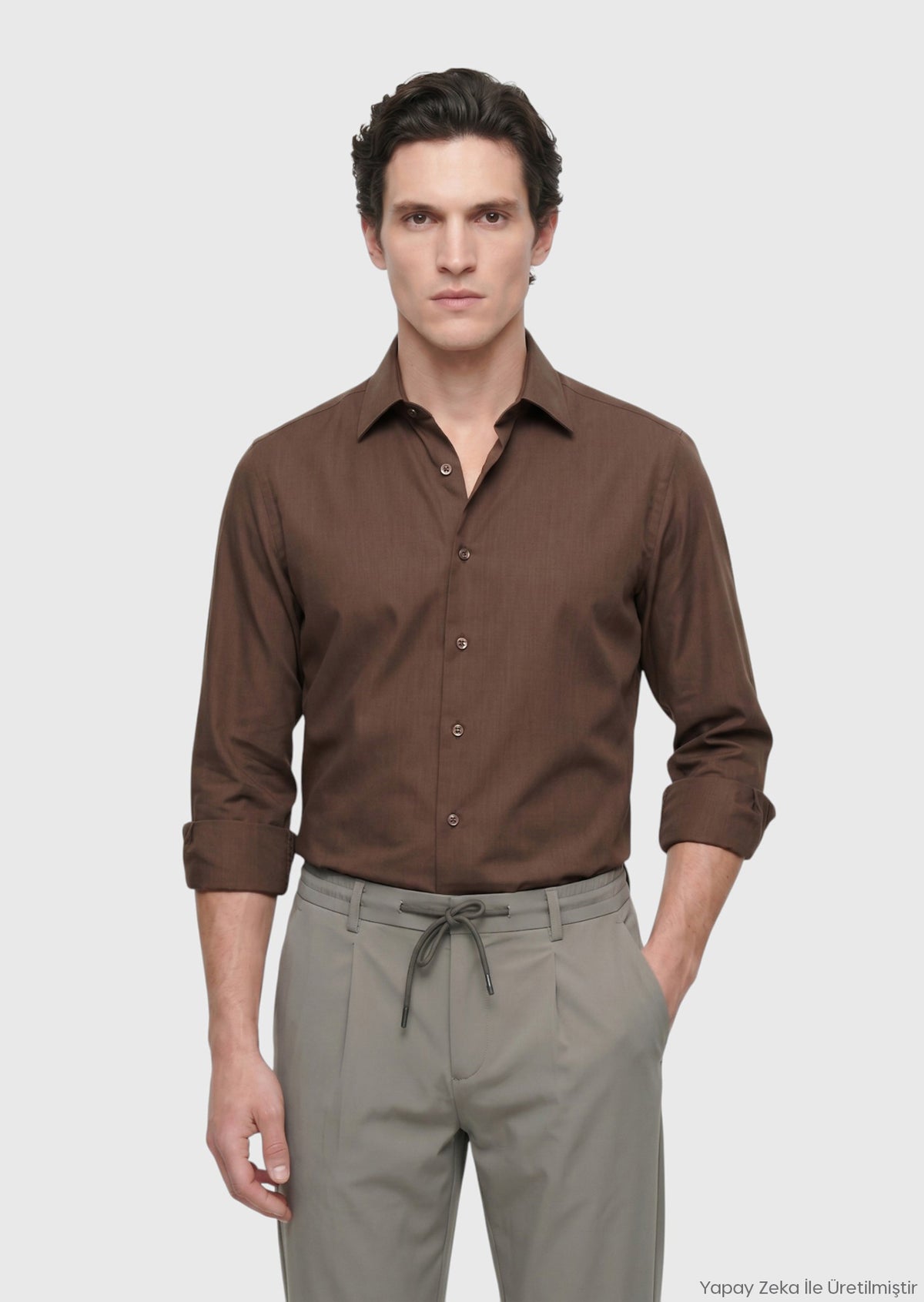 Kahverengi Düz Casual Fit Uzun Dokuma Casual İpek Karışımlı Gömlek