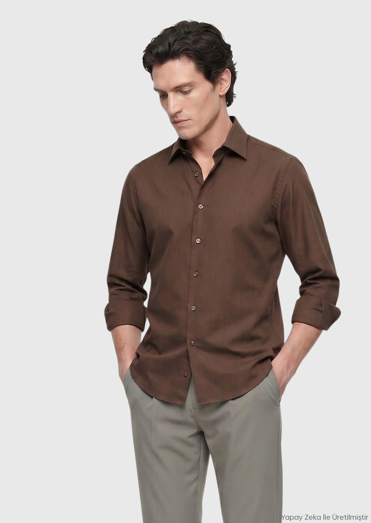 Kahverengi Düz Casual Fit Uzun Dokuma Casual İpek Karışımlı Gömlek