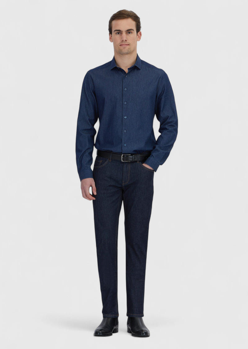 İndigo Düz Casual Fit Uzun Dokuma Casual %100 Pamuk Gömlek