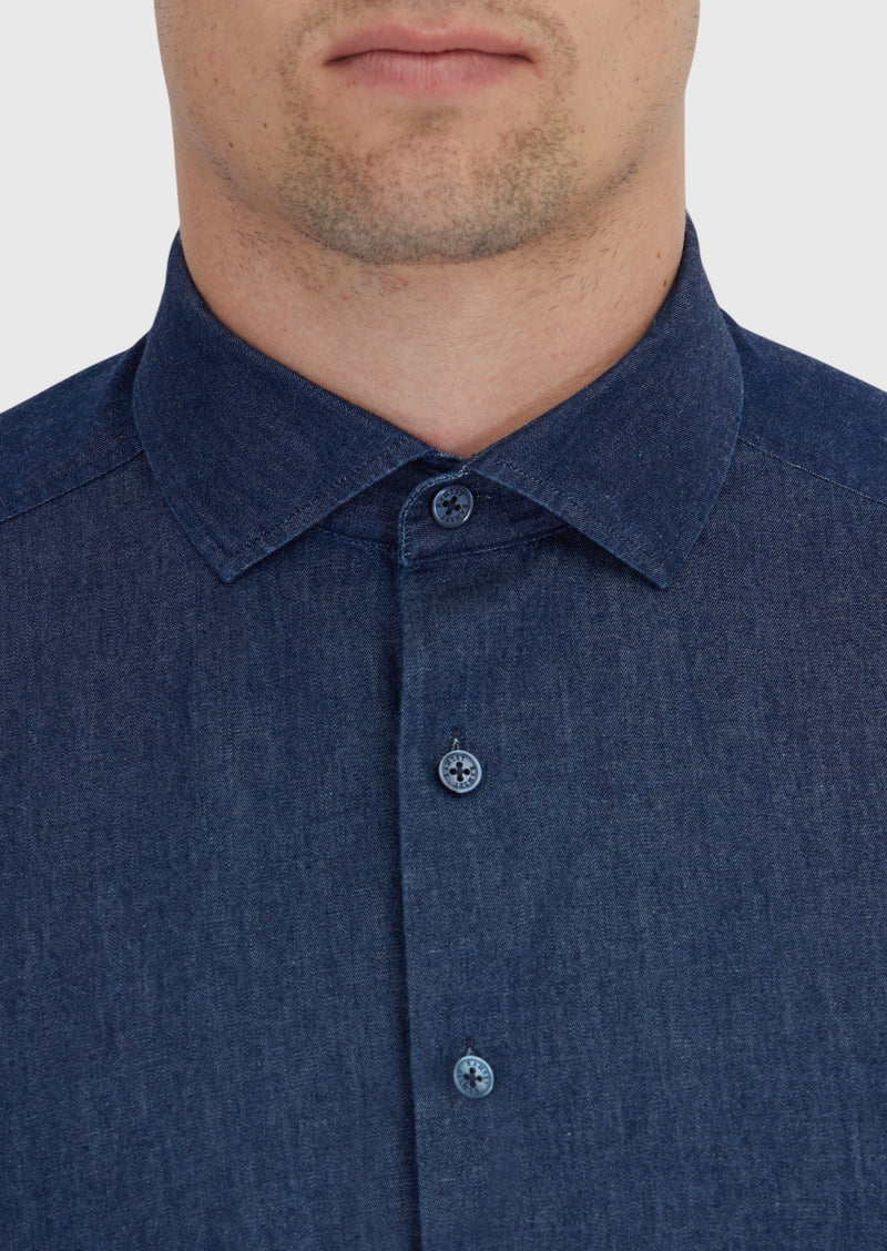 İndigo Düz Casual Fit Uzun Dokuma Casual %100 Pamuk Gömlek