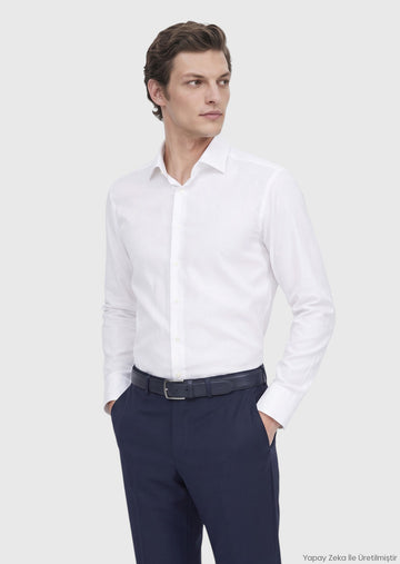 Beyaz Desenli Regular Fit Uzun Dokuma Klasik %100 Pamuk Gömlek