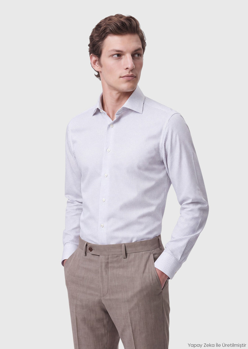 Açık Gri Desenli Regular Fit Uzun Dokuma Klasik %100 Pamuk Gömlek
