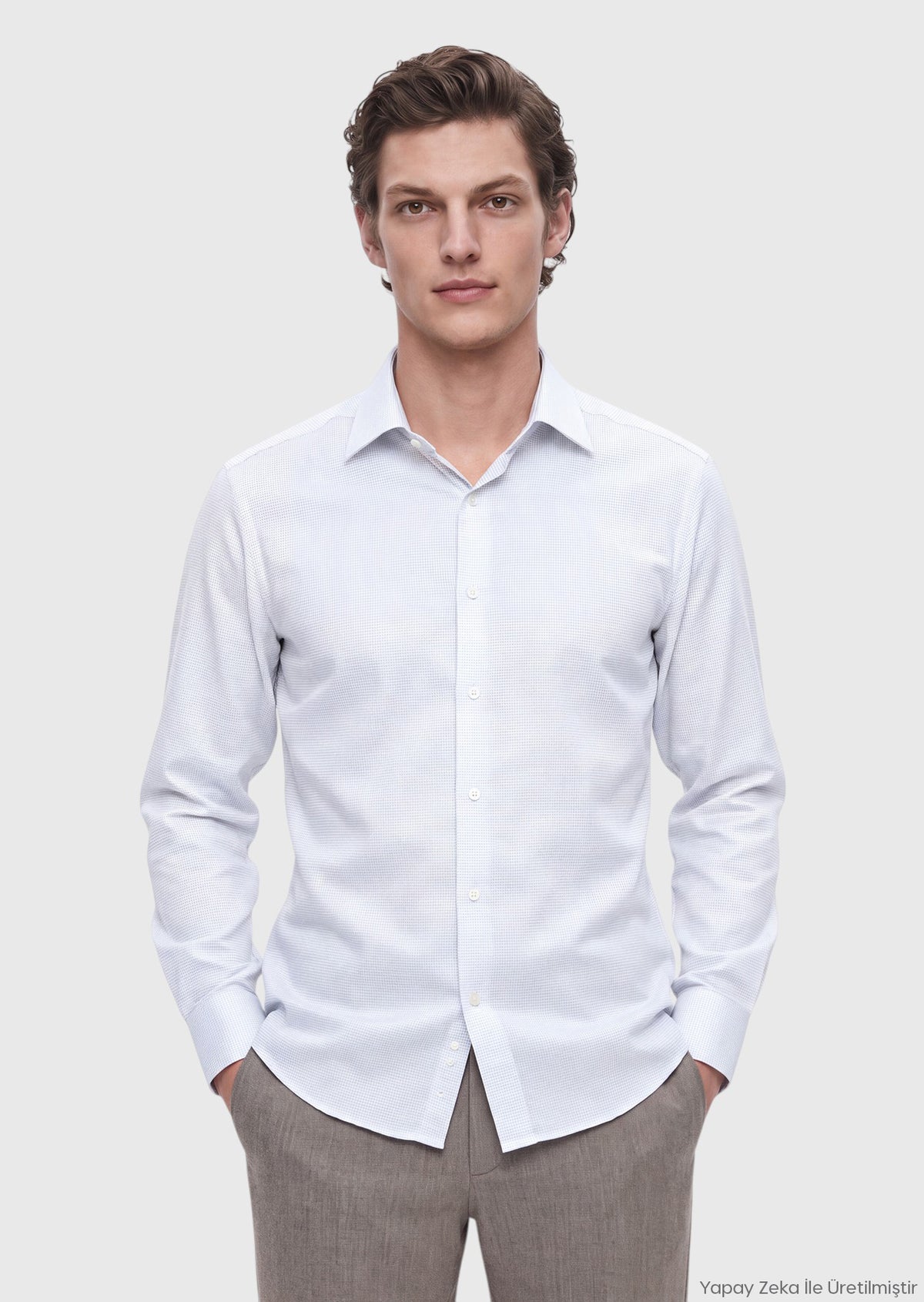 Açık Gri Desenli Regular Fit Uzun Dokuma Klasik %100 Pamuk Gömlek