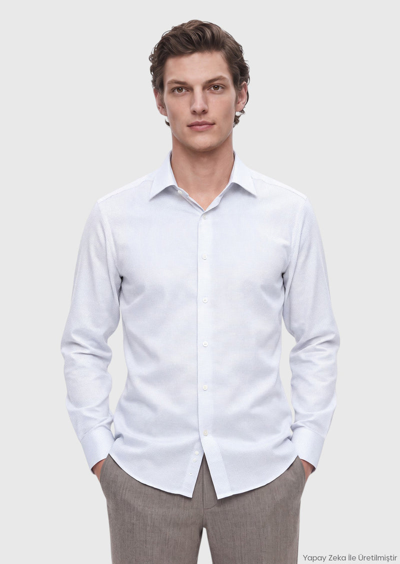 Açık Gri Desenli Regular Fit Uzun Dokuma Klasik %100 Pamuk Gömlek