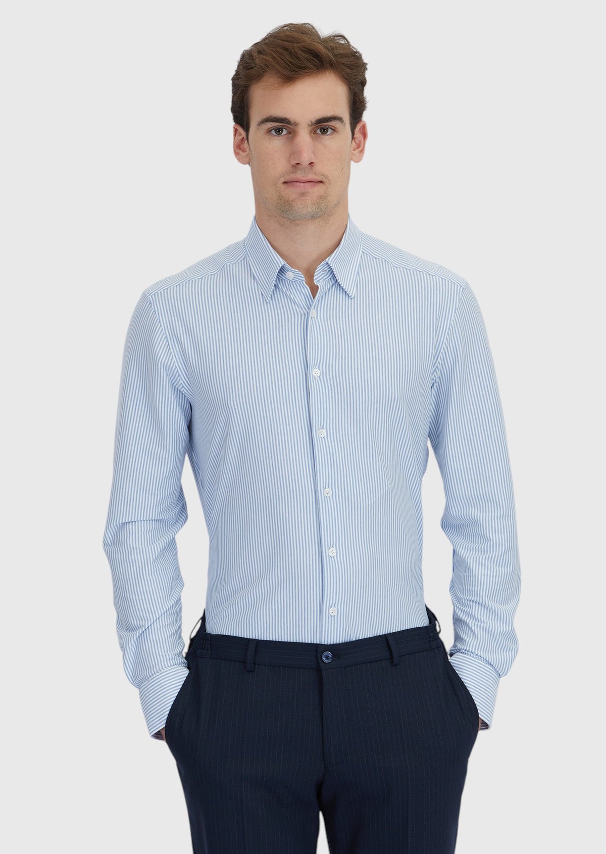 Light Blue Striped Regular Fit Long Knitting Classical Cotton Blended Shirt
