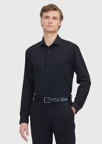 Siyah Düz Regular Fit Uzun Casual Pamuk Karışımlı Gömlek