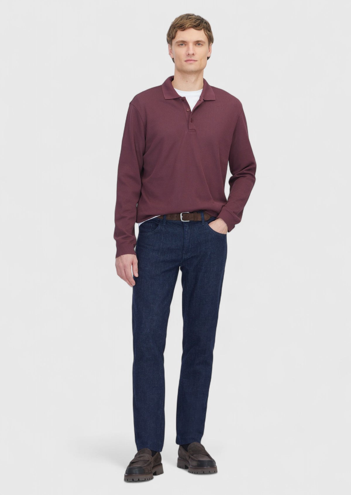 Bordo Polo Yaka Jakarlı Sweatshırt