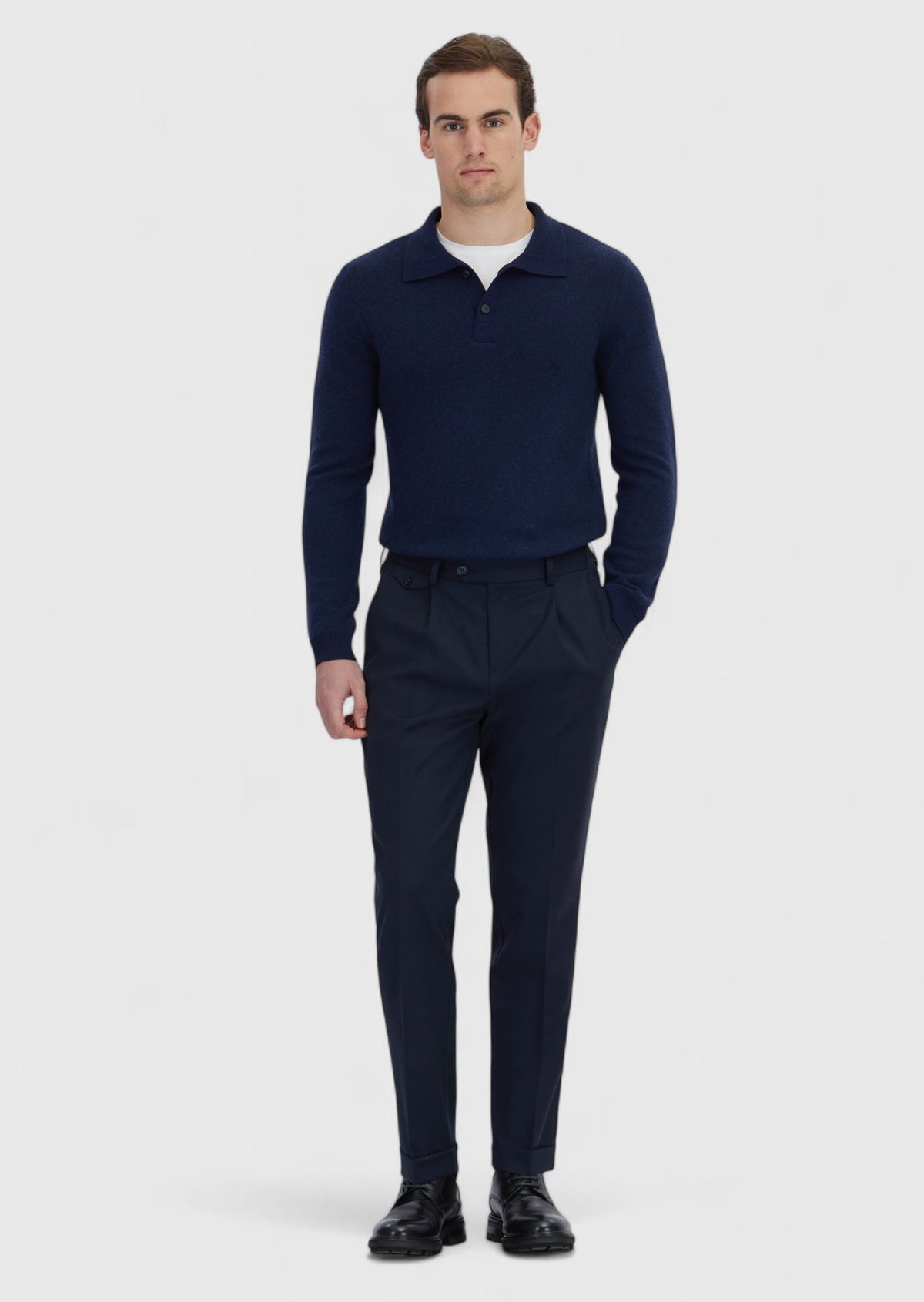Navy Blue Weaving Regular Fit Casual Wool Blended Trousers
