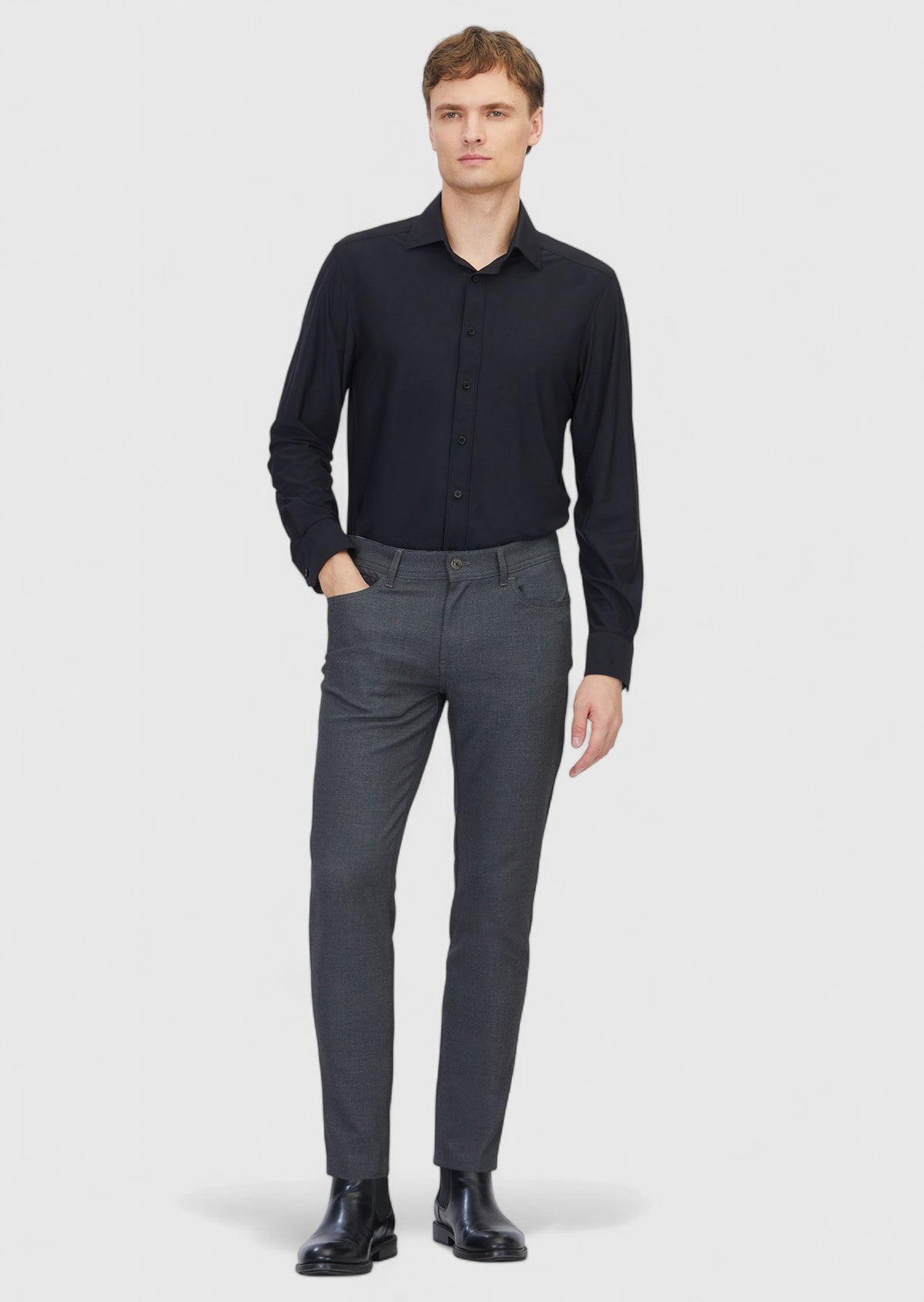 Gri Düz Dokuma Slim Fit Casual Pantolon