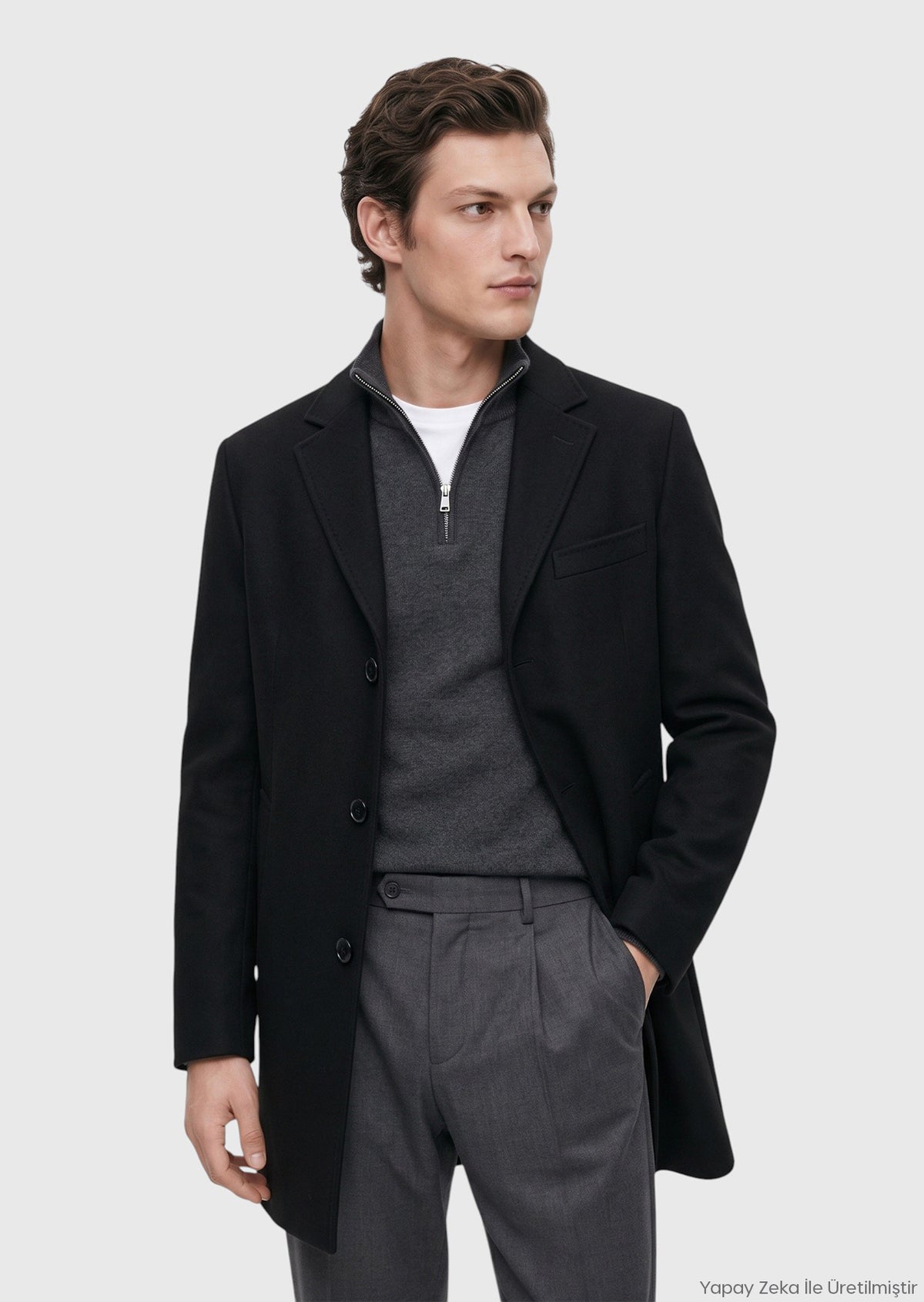 Siyah Regular Fit Şal Yaka Dokuma Palto
