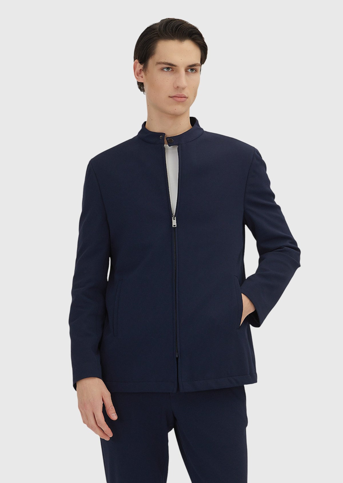 Lacivert Kareli Comfort Fit Örme Takım Elbise