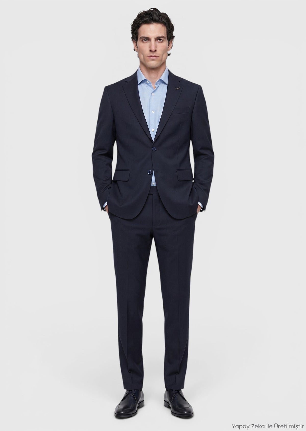 Lacivert Düz Modern Fit Yün Karışımlı Takım Elbise