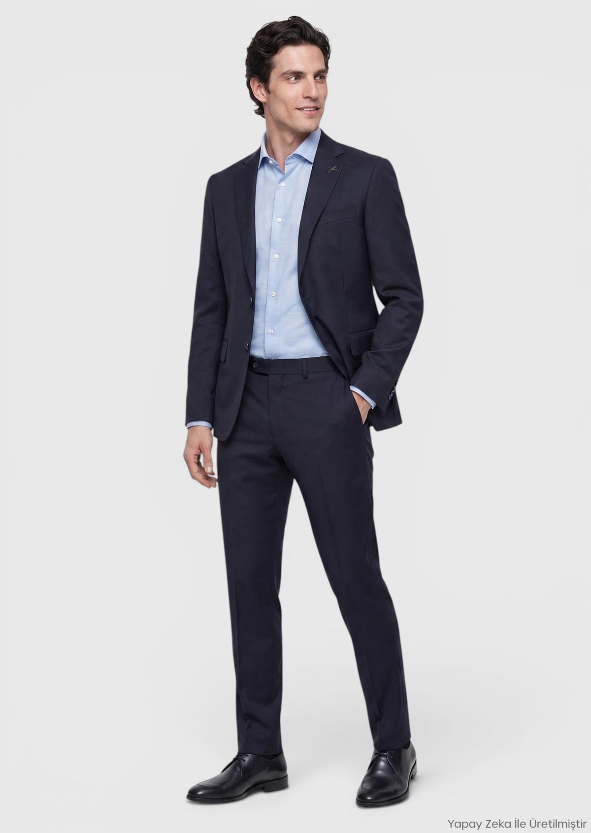 Lacivert Düz Modern Fit Yün Karışımlı Takım Elbise