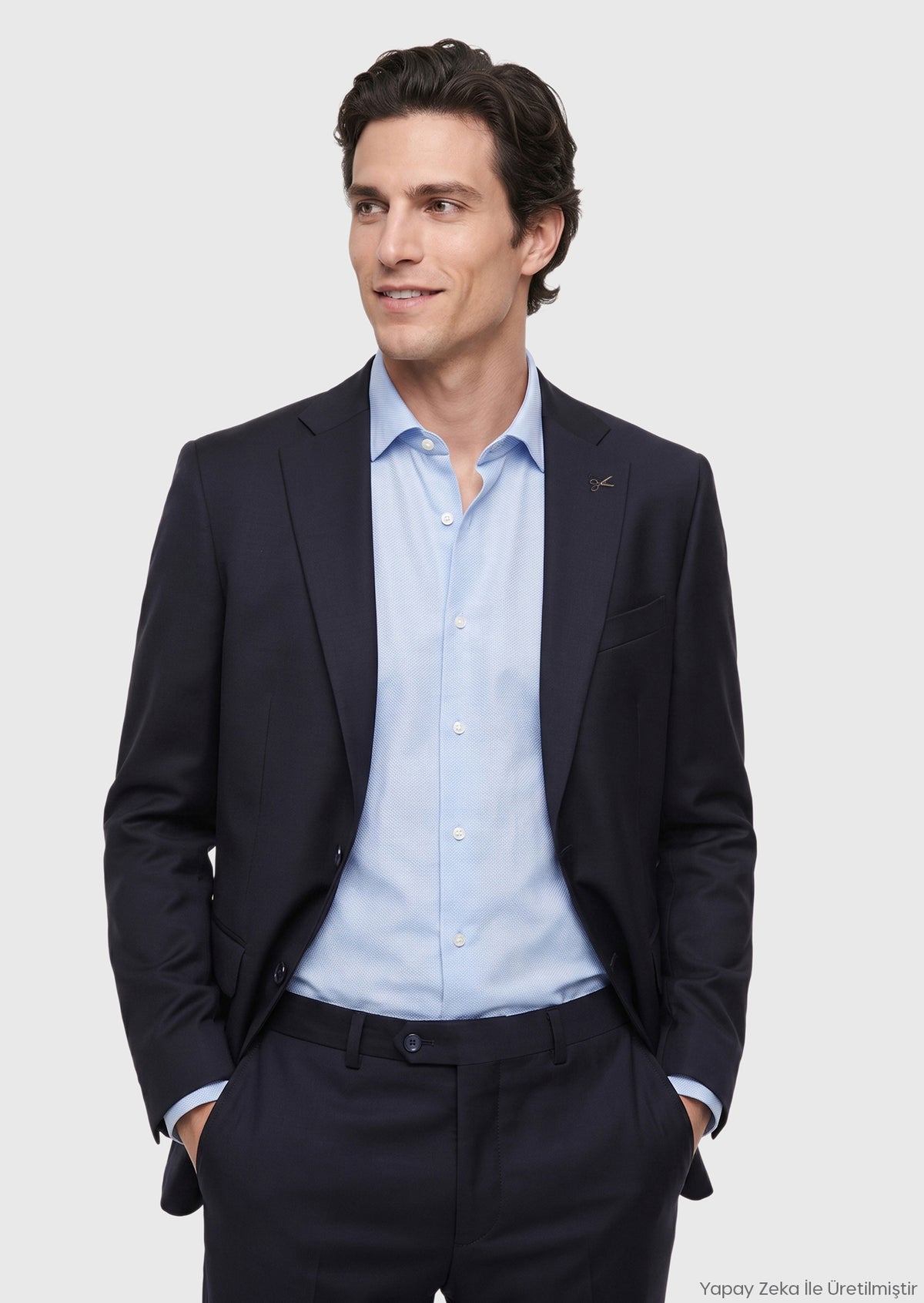 Lacivert Düz Modern Fit Yün Karışımlı Takım Elbise