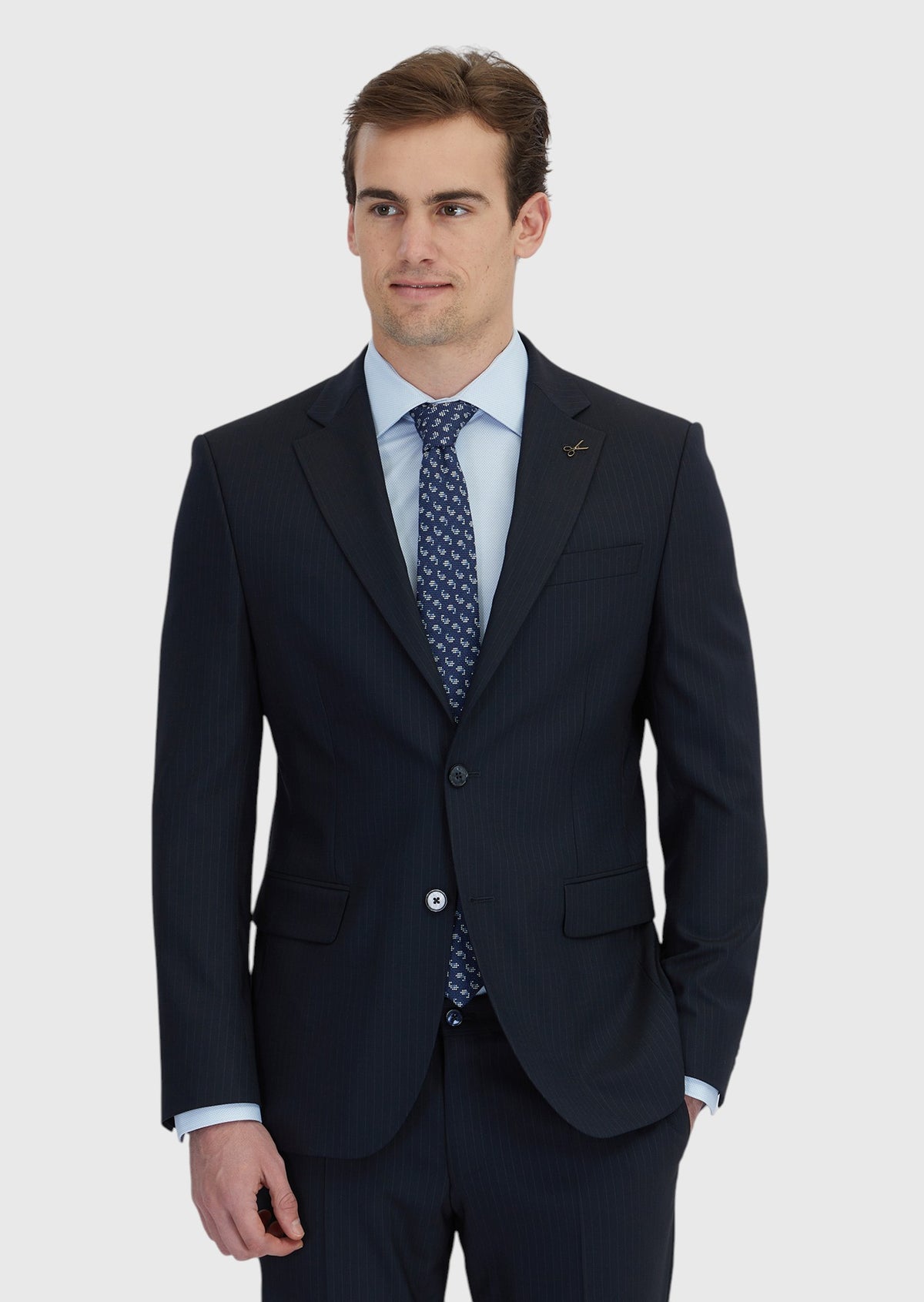 Koyu Lacivert Çizgili Modern Fit Yün Karışımlı Takım Elbise