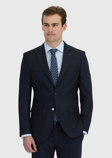 Koyu Lacivert Çizgili Modern Fit Yün Karışımlı Takım Elbise