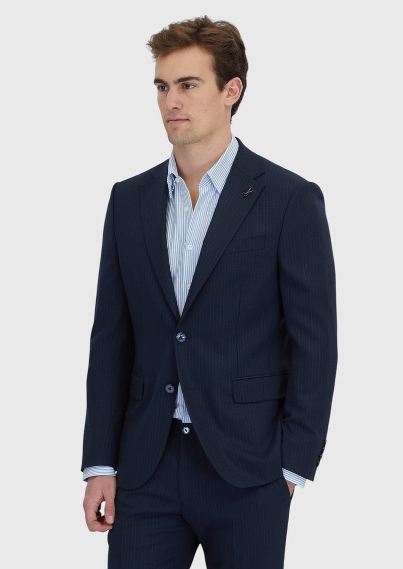 Koyu Lacivert Çizgili Modern Fit Yün Karışımlı Takım Elbise