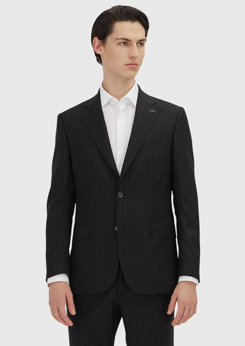 Siyah Çizgili Zeroweight Slim Fit %100 Yün Takım Elbise
