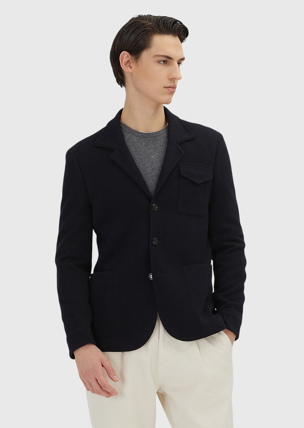 Koyu Lacivert Düz Shirt Shoulder Slim Fit Yün Karışımlı Örme Ceket