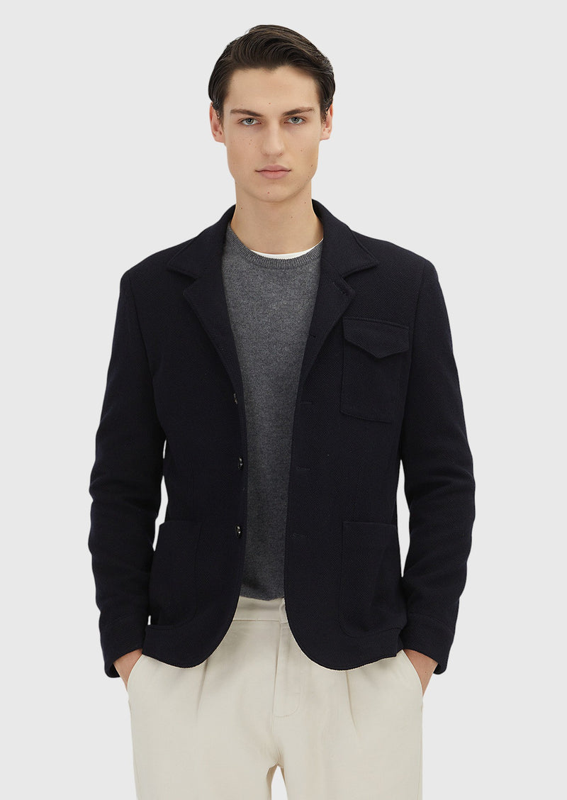Koyu Lacivert Düz Shirt Shoulder Slim Fit Yün Karışımlı Örme Ceket