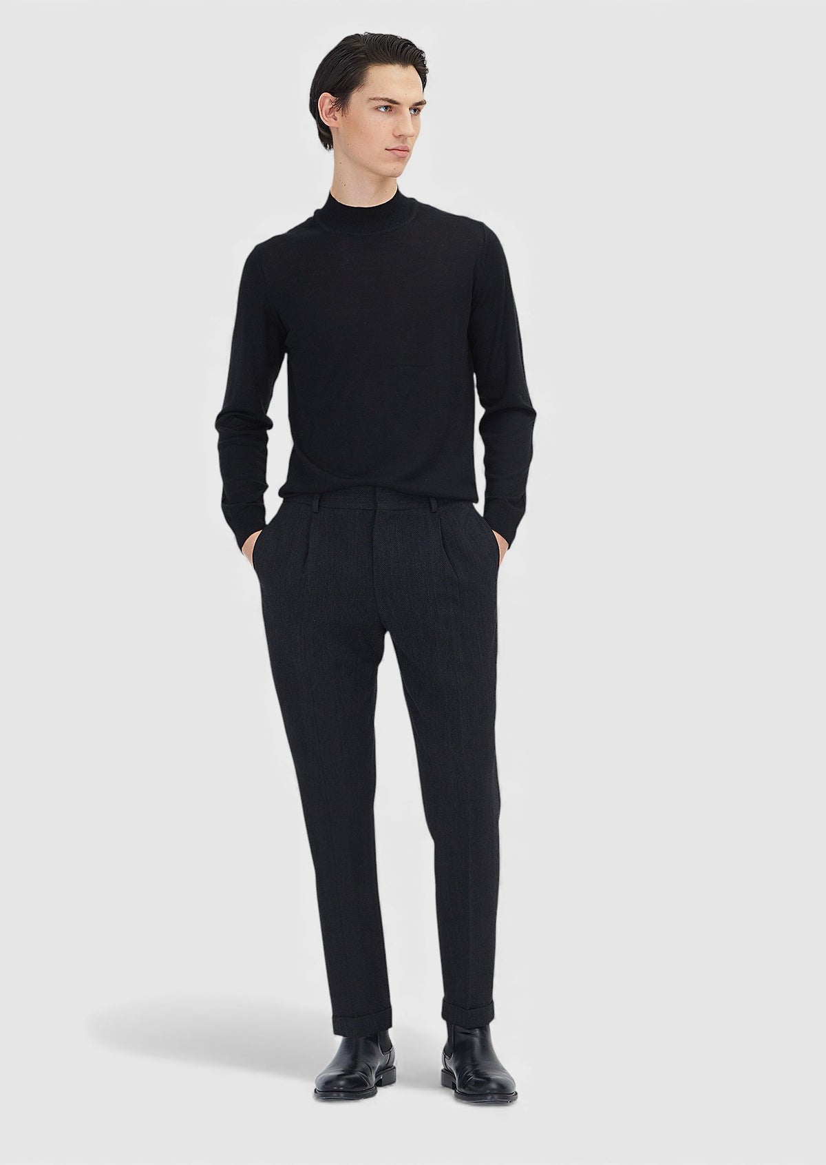 Siyah Desenli Dokuma Regular Fit Casual Yün Karışımlı Pantolon