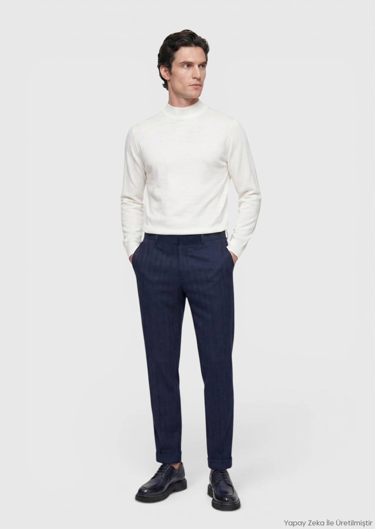 Açık Lacivert Desenli Dokuma Regular Fit Casual Yün Karışımlı Pantolon