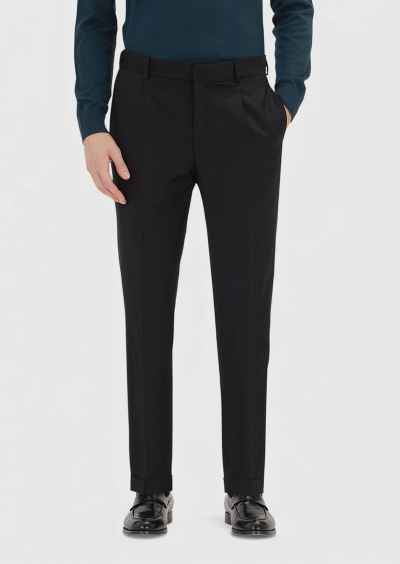Siyah Dokuma Regular Fit Casual %100 Yün Pantolon