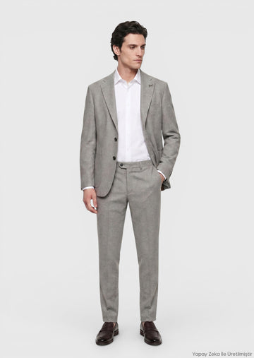 Açık Kahve Desenli Zeroweight Slim Fit %100 Yün Takım Elbise