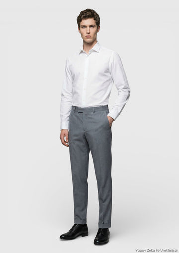 Gri Dokuma Regular Fit Casual %100 Yün Pantolon