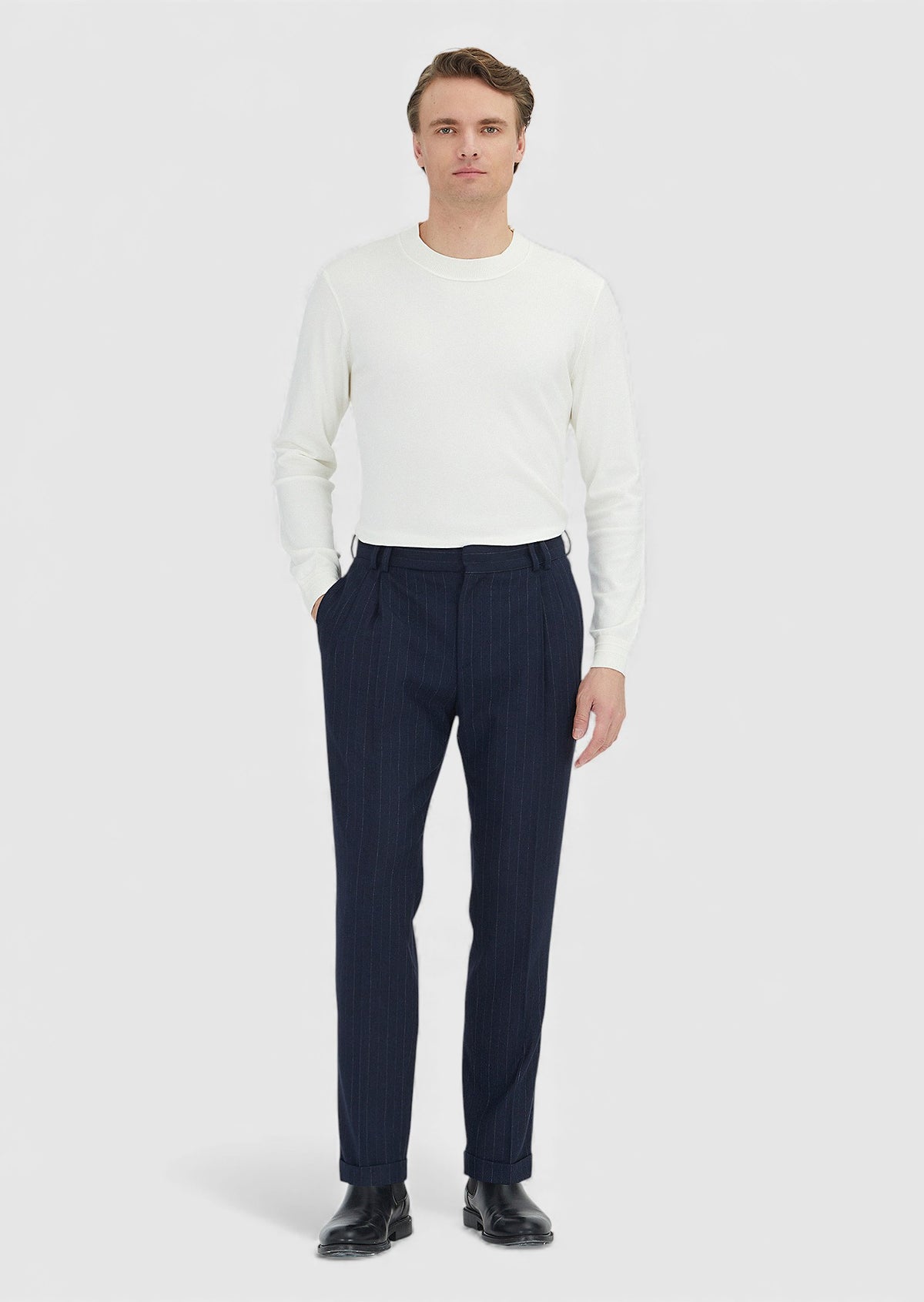 Lacivert Çizgili Dokuma Regular Fit Casual Yün Karışımlı Pantolon