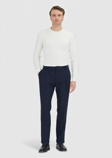 Lacivert Çizgili Dokuma Regular Fit Casual Yün Karışımlı Pantolon