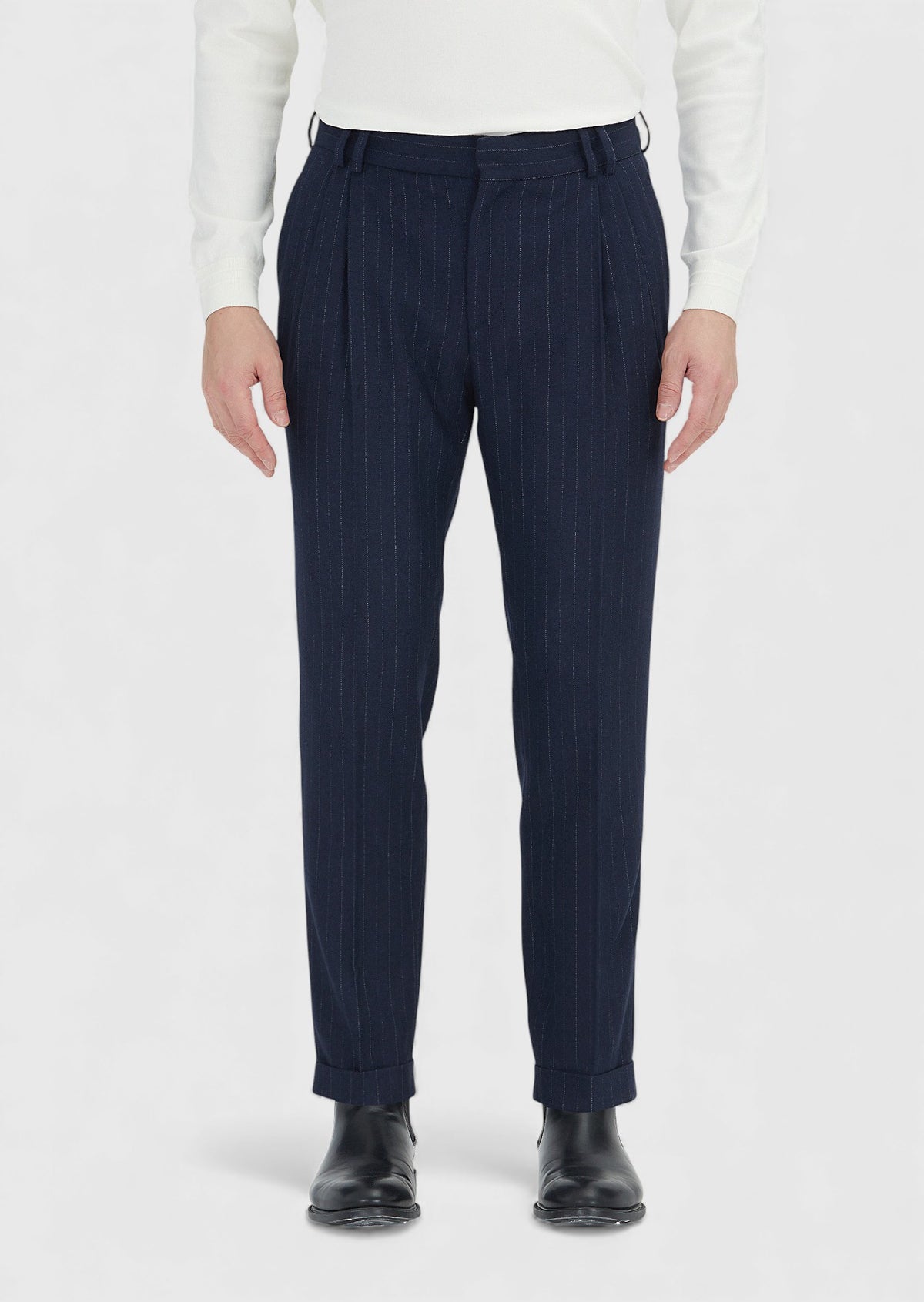 Lacivert Çizgili Dokuma Regular Fit Casual Yün Karışımlı Pantolon
