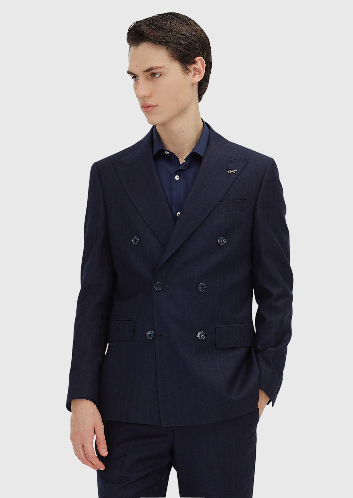 Lacivert Çizgili Zeroweight Slim Fit %100 Yün Takım Elbise
