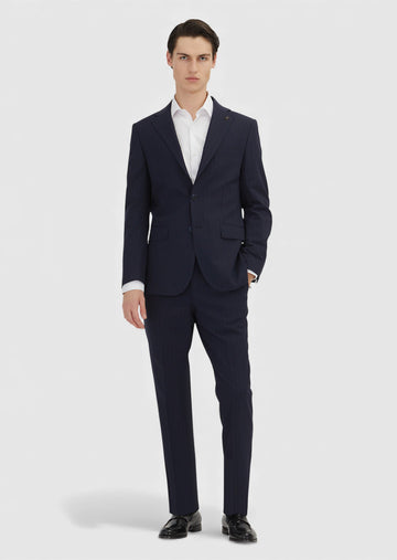 Lacivert Çizgili Modern Fit Yün Karışımlı Takım Elbise