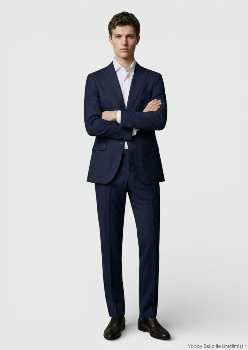Lacivert Kareli Zeroweight Slim Fit %100 Yün Takım Elbise